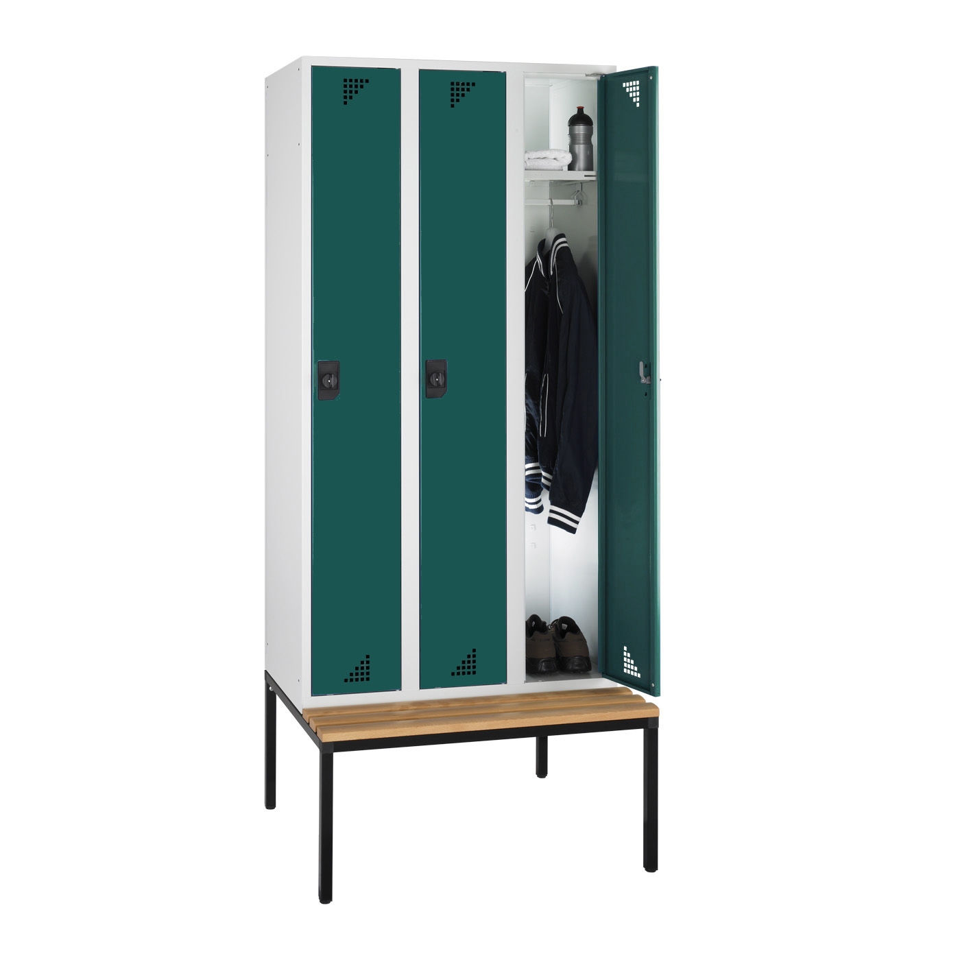 Wolf Spind Serie 82 U mit Sitzbankuntergestell, Abteilbreite 300 mm, 3 Abteile Opalgrün RAL 6026
