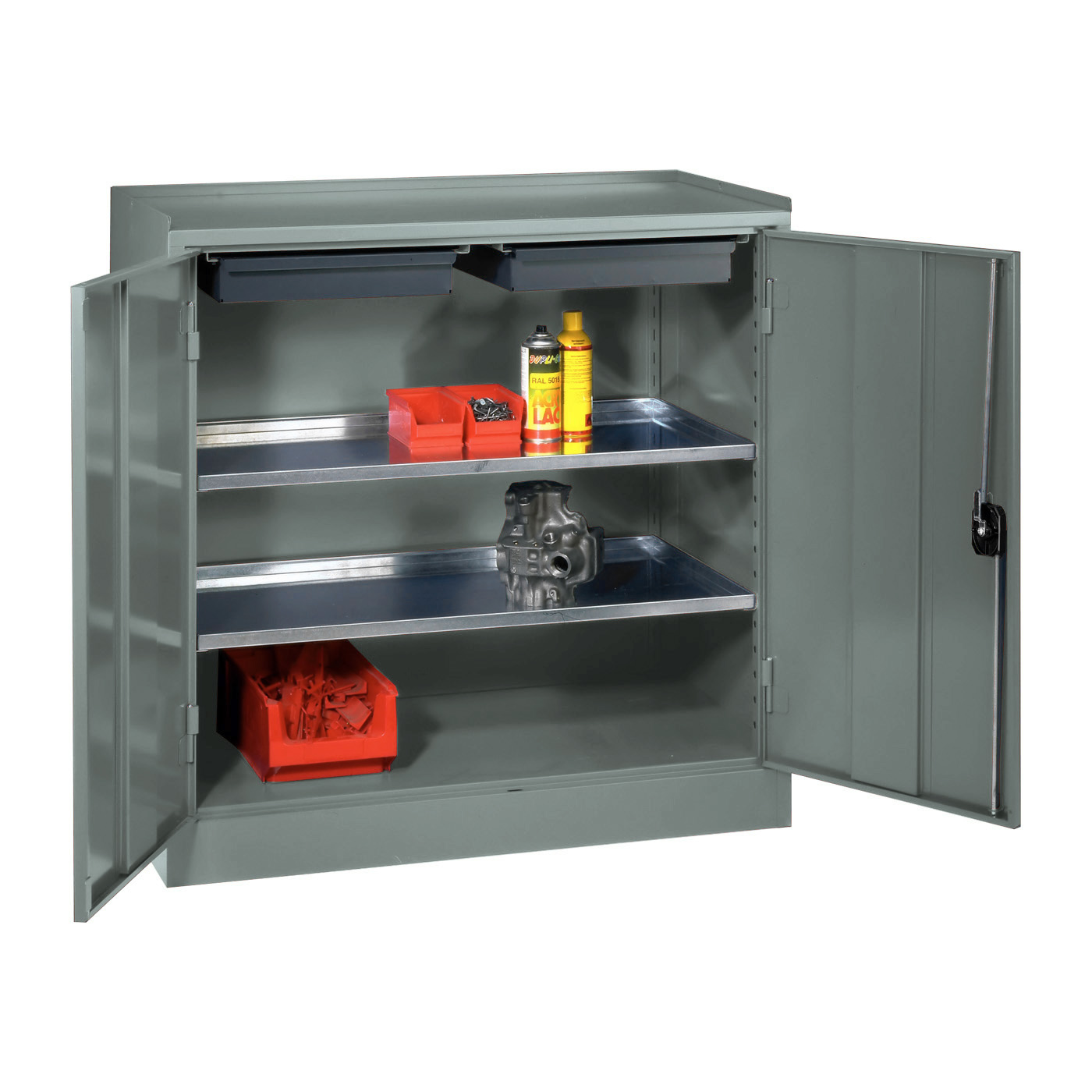 Wolf Werkzeugschrank Serie 51 Sockel Breite 1000 mm 1 Abteil 2 Schubladen 2 Fachböden Blaugrau RAL 7031
