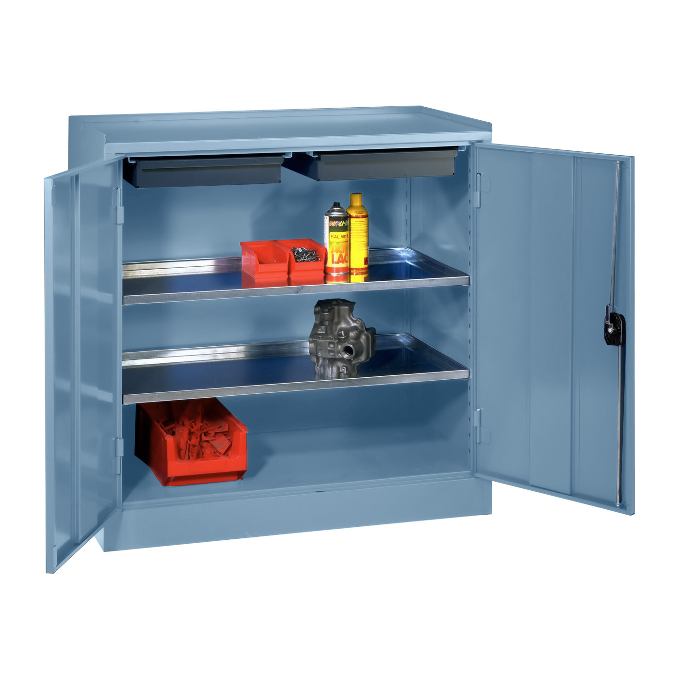 Wolf Werkzeugschrank Serie 51 Sockel Breite 1000 mm 1 Abteil 2 Schubladen 2 Fachböden Brillantblau RAL 5007