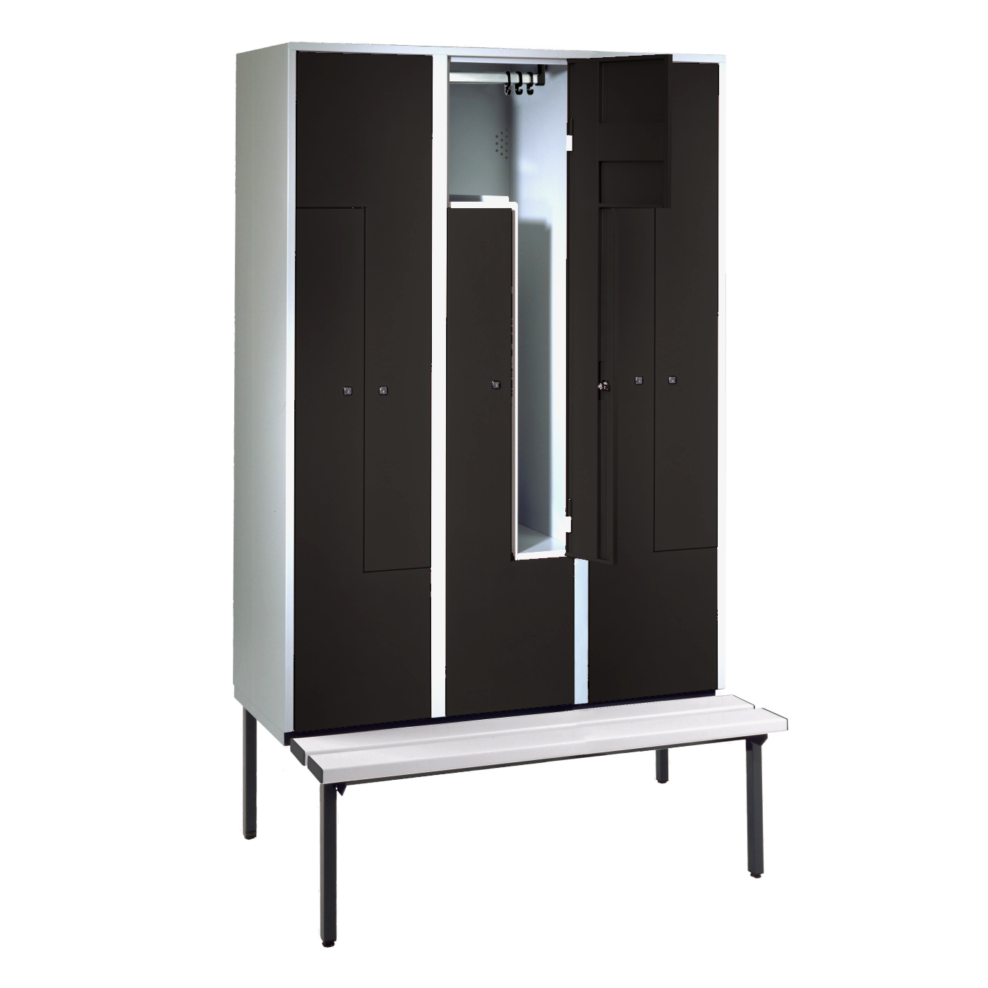 Wolf Z-Spind Serie 71 ZU, Sitzbankuntergestell, 6 Fächer mit einer Breite von je 200/400 mm Tiefschwarz RAL 9005
