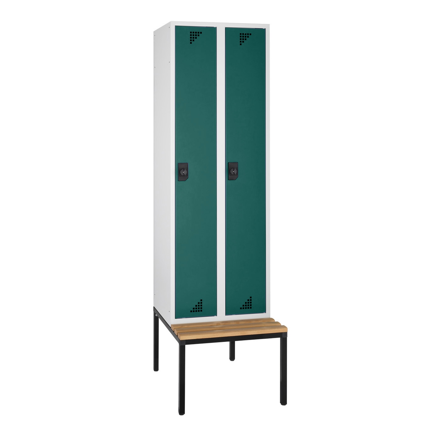 Wolf Spind Serie 82 U mit Sitzbankuntergestell, Abteilbreite 300 mm, 2 Abteile Opalgrün RAL 6026