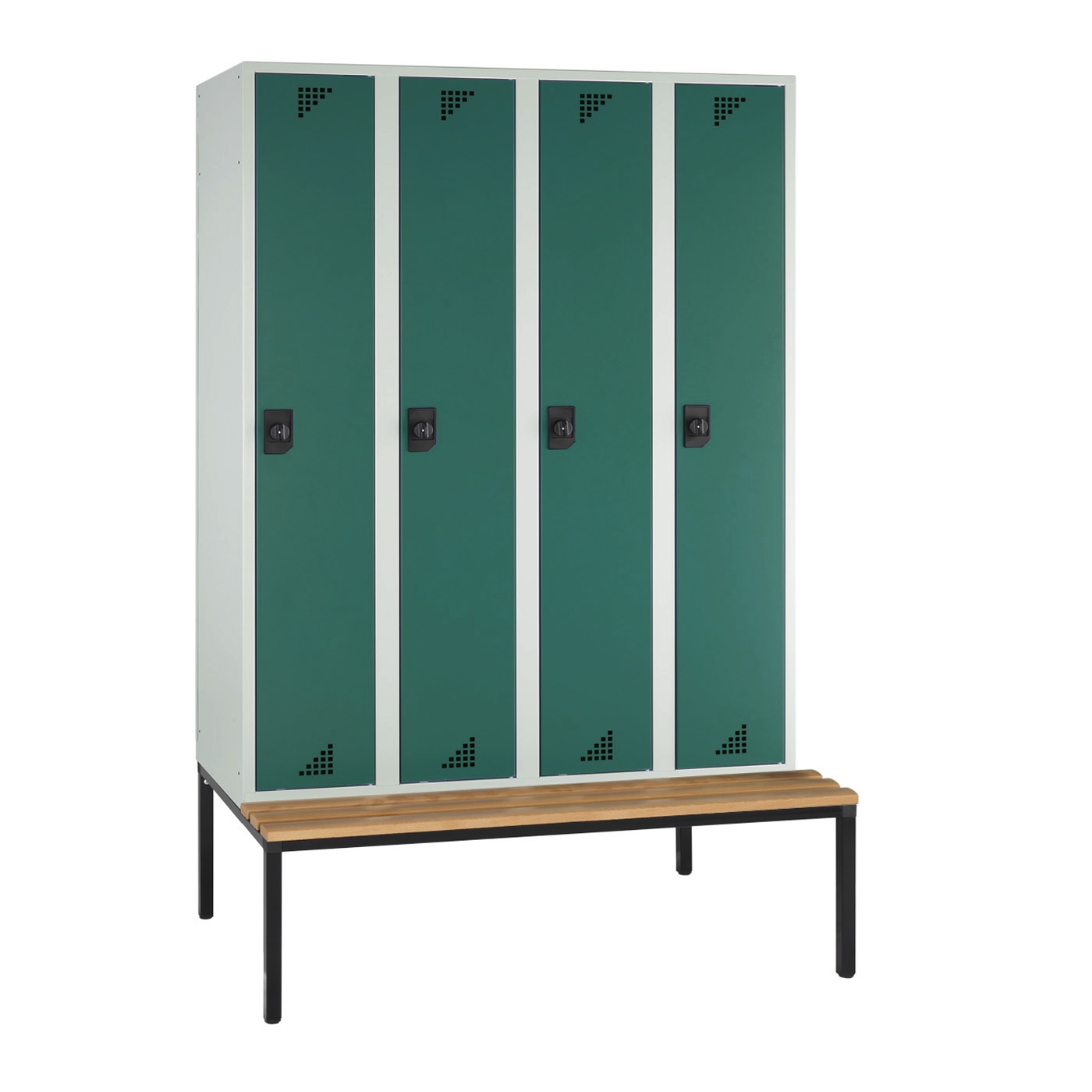 Wolf Spind Serie 82 U mit Sitzbankuntergestell, Abteilbreite 300 mm, 4 Abteile Opalgrün RAL 6026