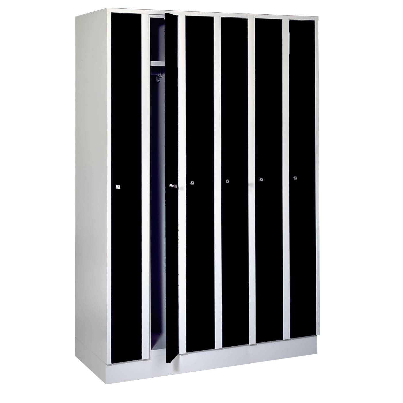 Wolf Raumspar-Spind Serie 71 R, Sockel, 6 Abteile mit einer Abteilbreite von je 200 mm Tiefschwarz RAL 9005