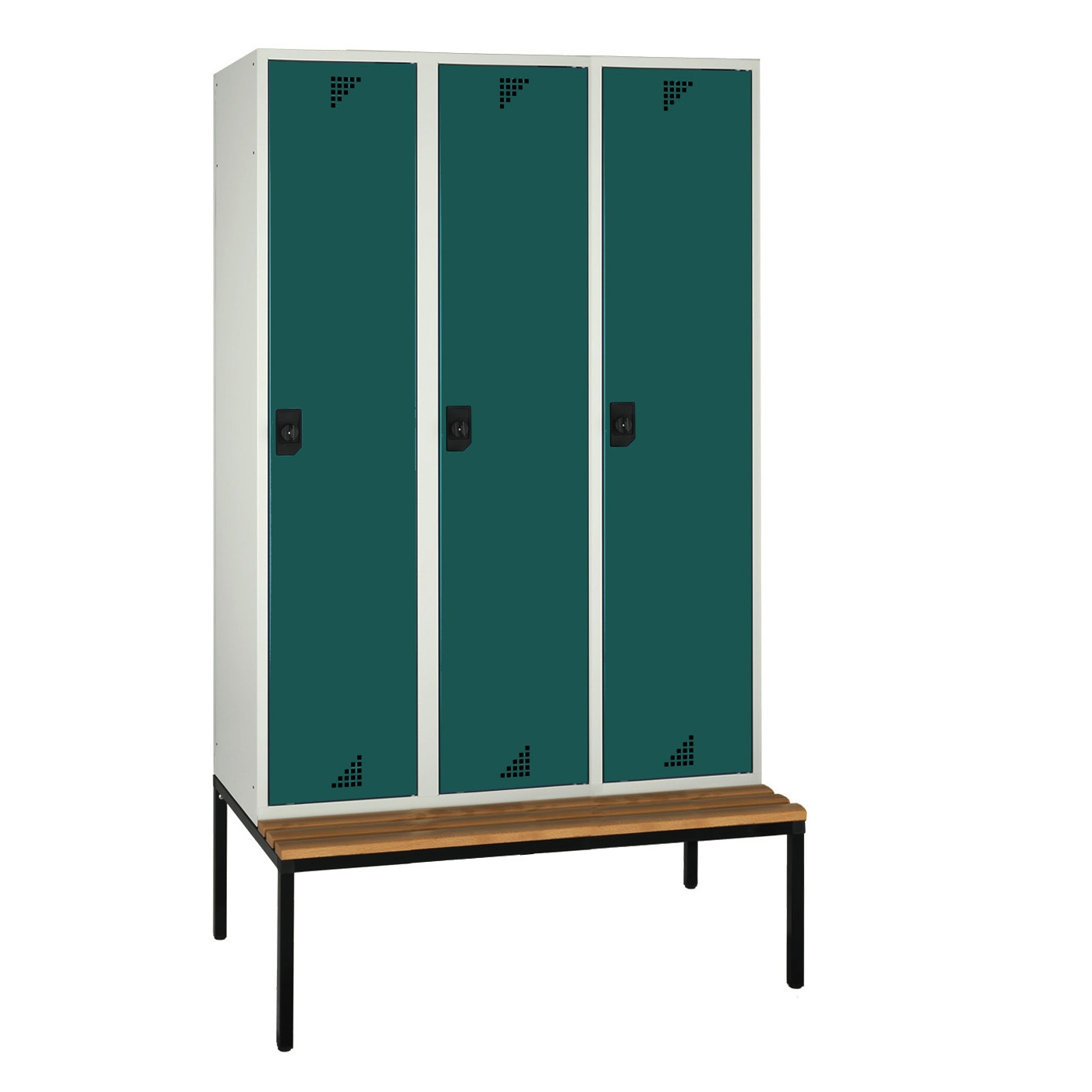 Wolf Spind Serie 82 U mit Sitzbankuntergestell, Abteilbreite 400 mm, 3 Abteile Opalgrün RAL 6026