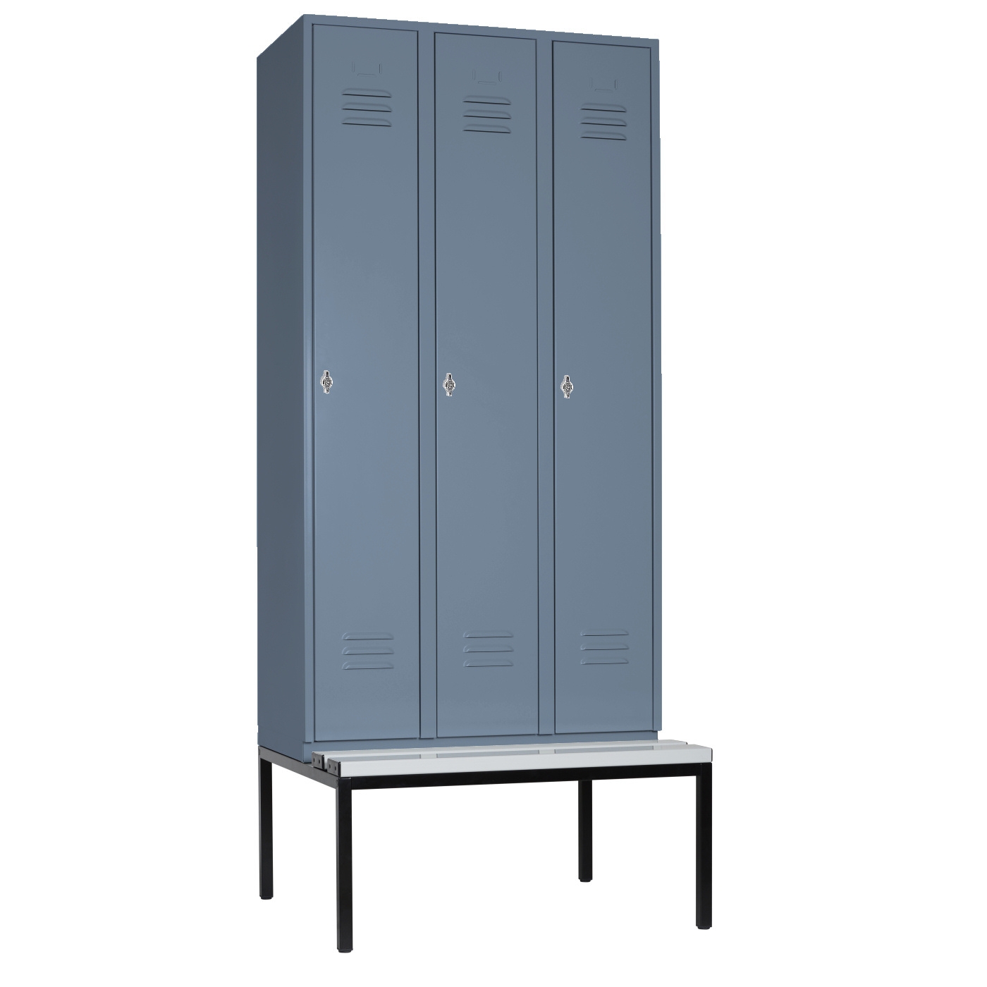 Wolf Spind Serie 75 U mit Sitzbankuntergestell, Abteilbreite 300 mm, 3 Abteile Blaugrau RAL 7031